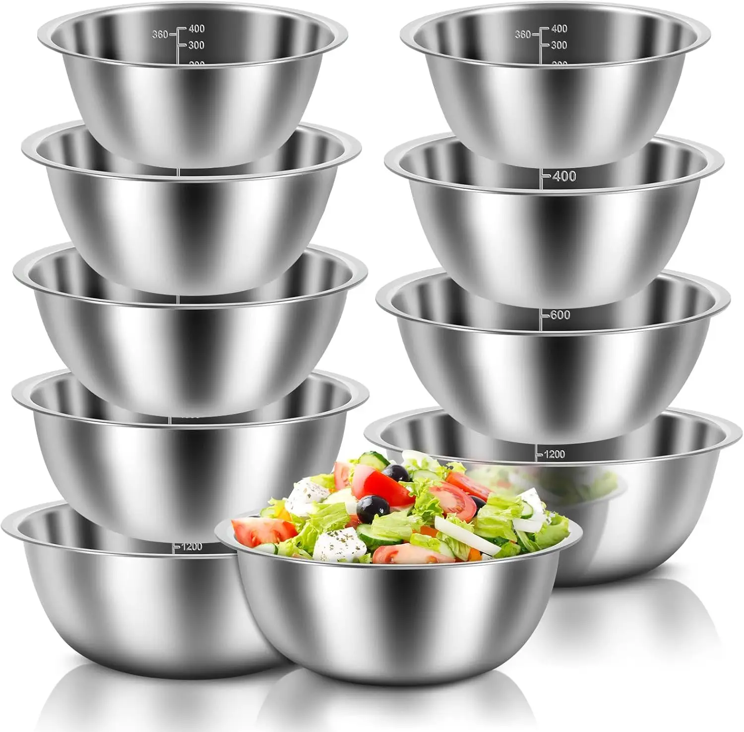 10 Pack Stainless Steel Bowls ,Nesting Mixing Bowl Set with Scale Marks, 5 Different Size (4.5, 3,2,1.5,0.7QT) Baking B
10 Pack Stainless Steel Bowls ,Nesting Mixing Bowl Set with Scale Marks, 5 Different Size (4.5, 3,2,1.5,0.7QT) Baking B