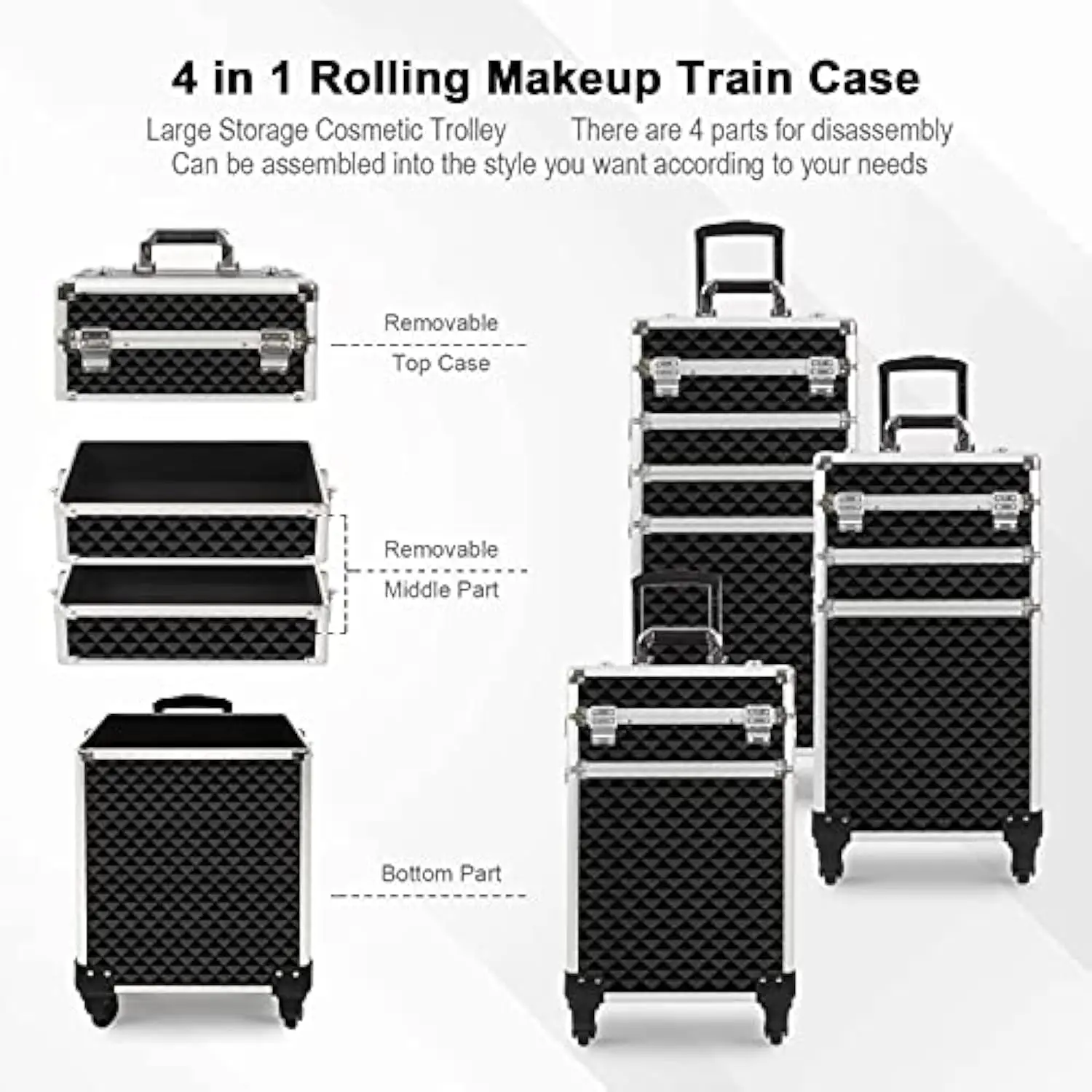 4 in 1 Makeup Case Aluminum Cosmetic Rolling Professional Makeup Train Case Large Capacity Trolley Beauty Storage with Folding
4 in 1 Makeup Case Aluminum Cosmetic Rolling Professional Makeup Train Case Large Capacity Trolley Beauty Storage with Folding