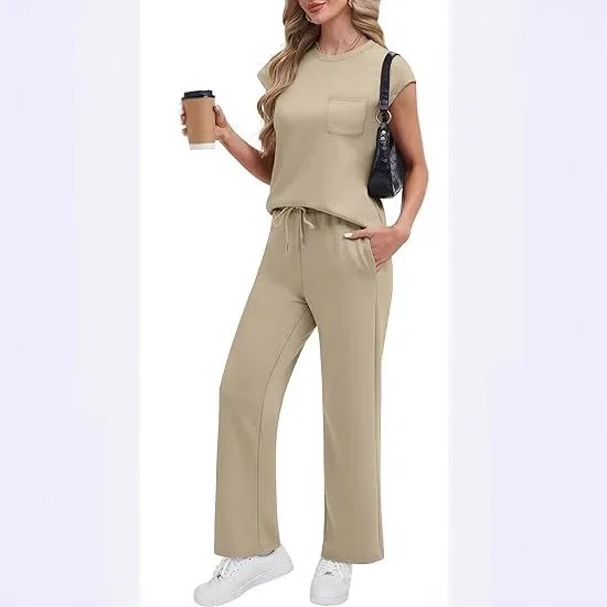 2 Piece Set T Shirt Cap Sleeve Solid Color Tee Women's 2-piece Set Knit Round Neck T-Shirt Wide Leg Pants Drawstring Waist Top
2 Piece Set T Shirt Cap Sleeve Solid Color Tee Women's 2-piece Set Knit Round Neck T-Shirt Wide Leg Pants Drawstring Waist Top
