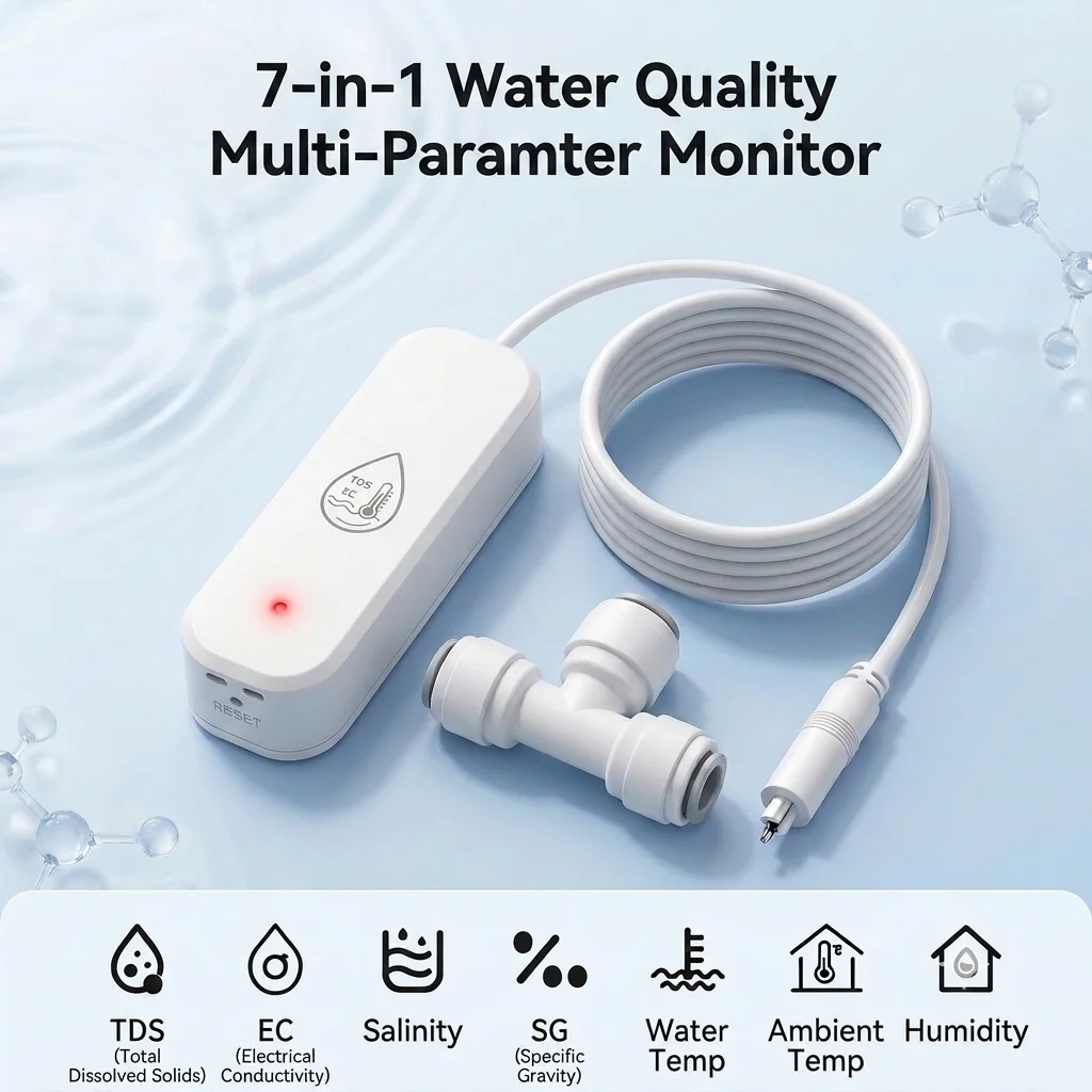 Zigbee 7-in-1 Water Quality Tester TDS/EC/SG/Temp Salinity detection for Swimming Pools, Aquariums, Drinking Water Testing
Zigbee 7-in-1 Water Quality Tester TDS/EC/SG/Temp Salinity detection for Swimming Pools, Aquariums, Drinking Water Testing