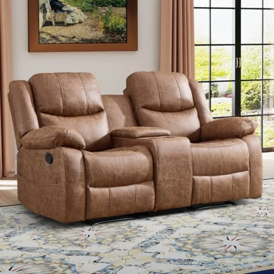 Faux Leather Manual Reclining Loveseat, Mid-Century Modern Double Recliner Sofa with Center Console, Hidden Storage and Cup Hol
Faux Leather Manual Reclining Loveseat, Mid-Century Modern Double Recliner Sofa with Center Console, Hidden Storage and Cup Hol