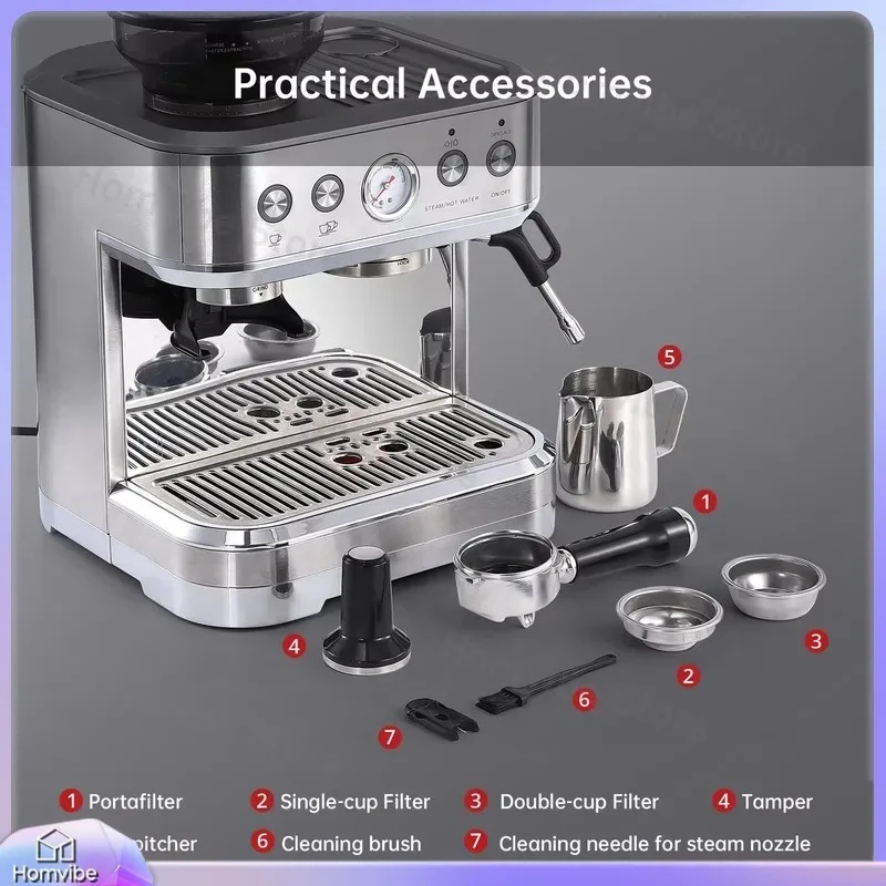 15 Bar Espresso Machine with Built-in Grinder Stainless Steel Coffee Maker with Milk Frother for Home Latte Cappuccino
15 Bar Espresso Machine with Built-in Grinder Stainless Steel Coffee Maker with Milk Frother for Home Latte Cappuccino