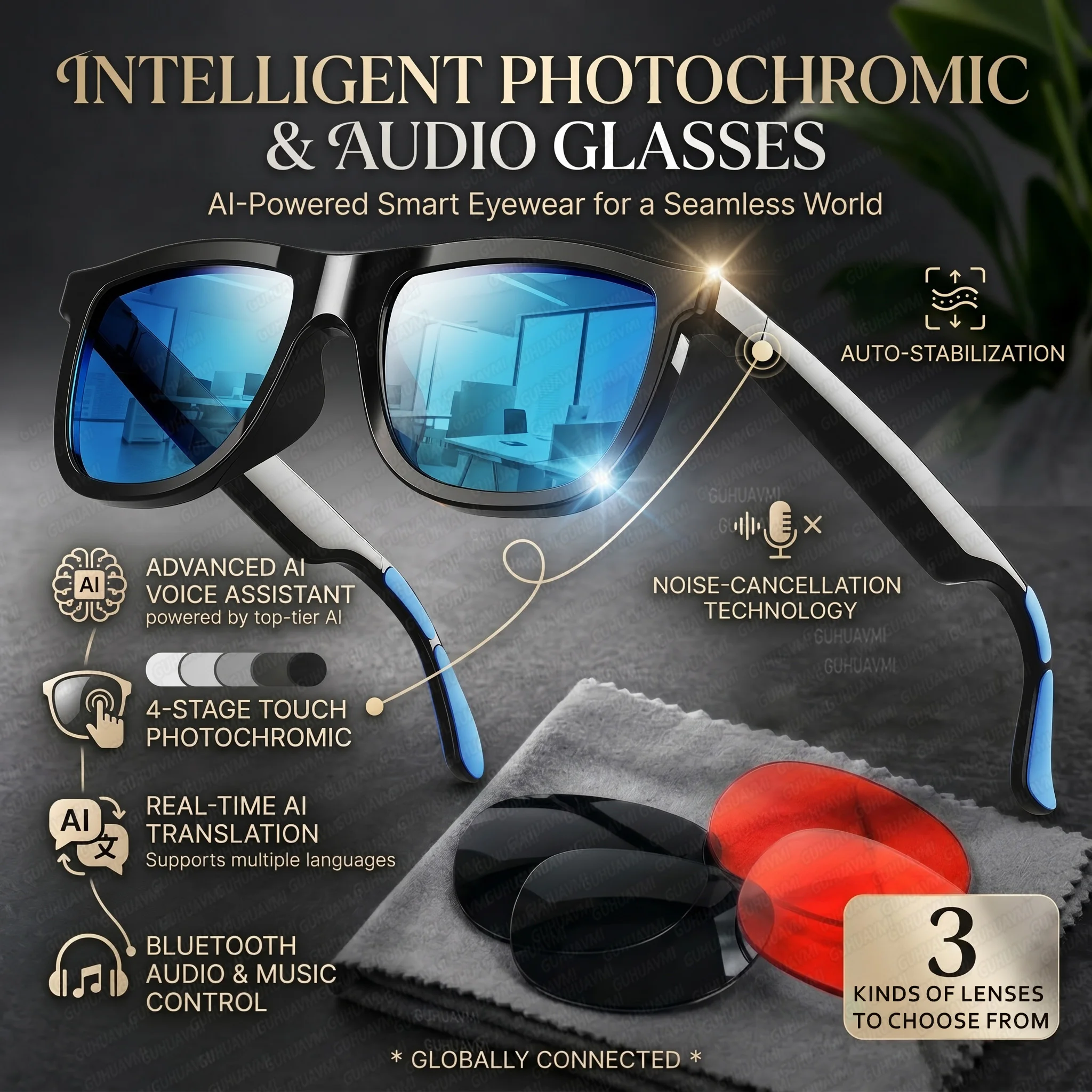 2026 AI Smart Glasses Touch Color-change Electrochromic Lens AI Translation ChatGPT BT Call Dual-mic Music Audio Sunglasses Men
2026 AI Smart Glasses Touch Color-change Electrochromic Lens AI Translation ChatGPT BT Call Dual-mic Music Audio Sunglasses Men