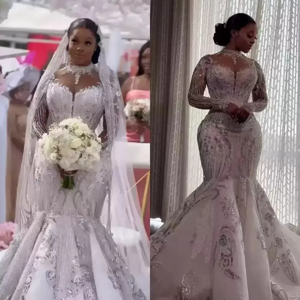 Customized Crystals Beaded Mermaid Wedding Dresses Long Sleeves Lace Applique High Neck Sweep Train
Customized Crystals Beaded Mermaid Wedding Dresses Long Sleeves Lace Applique High Neck Sweep Train