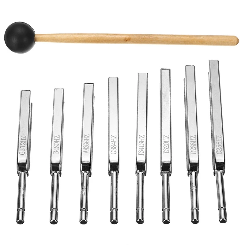 8 Pack Steel Tuning Fork Set 256-512HZ Mallet Vibration Therapy Tools Stainless Steel
8 Pack Steel Tuning Fork Set 256-512HZ Mallet Vibration Therapy Tools Stainless Steel