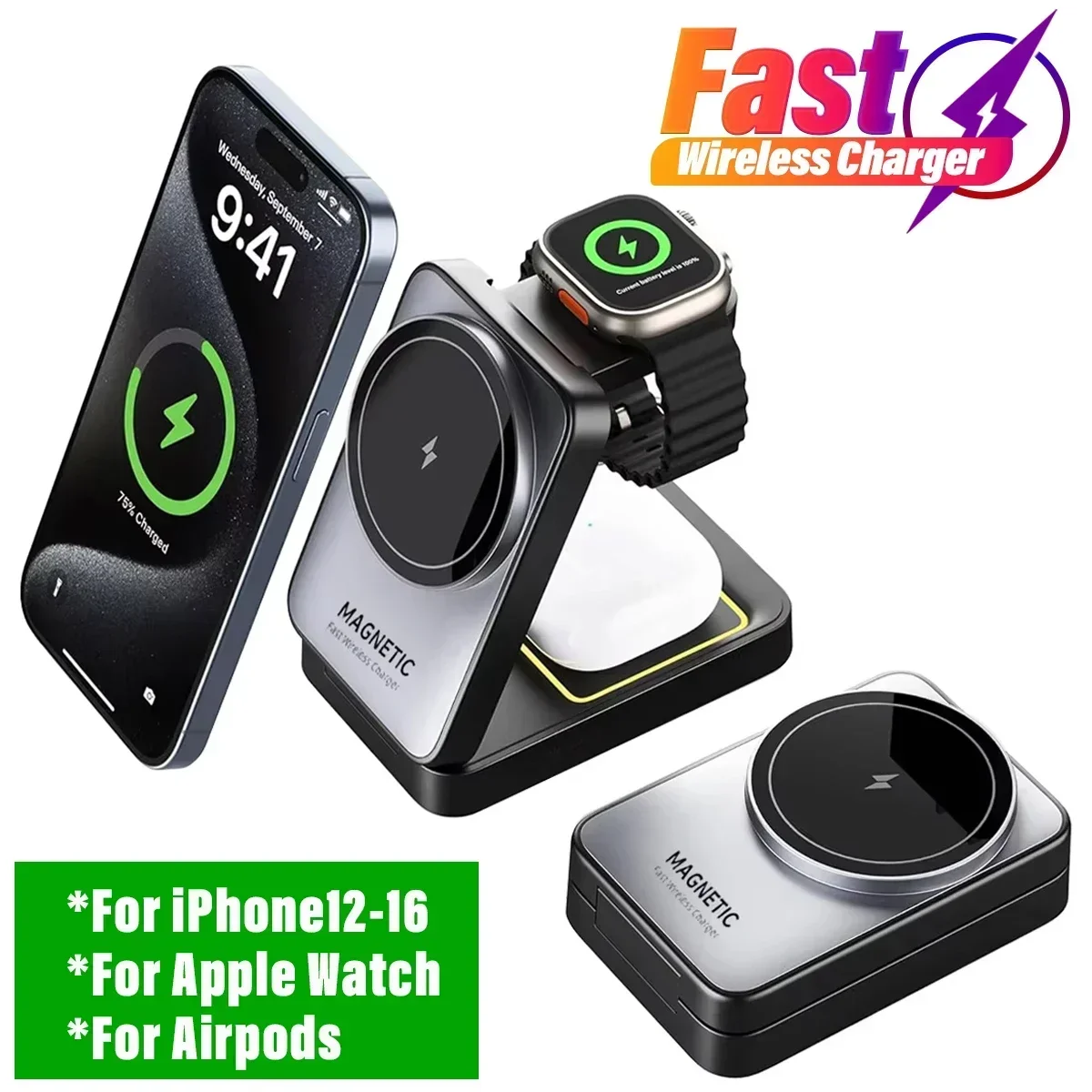 Fast Wireless Charger Travel Foldable MagSafe Charger Stand for iPhone 16 15 Apple Watch and Airpods Pro 3 in 1 Charging Station
Fast Wireless Charger Travel Foldable MagSafe Charger Stand for iPhone 16 15 Apple Watch and Airpods Pro 3 in 1 Charging Station