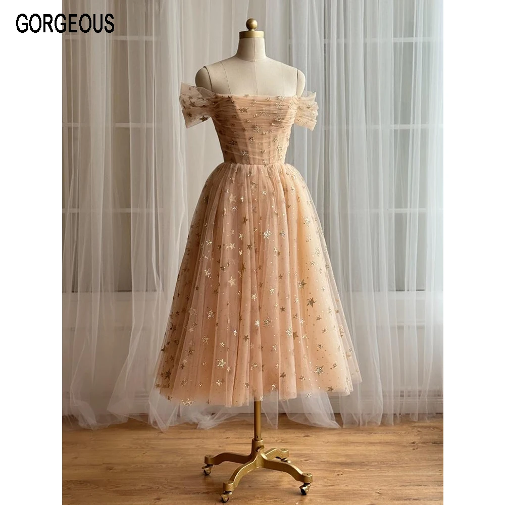 Champagne Midi Evening Dresses 2026 Pleat Tulle Formal Party Dress Off-Shoulder A-line Prom Gowns Lace Up Back Custom
Champagne Midi Evening Dresses 2026 Pleat Tulle Formal Party Dress Off-Shoulder A-line Prom Gowns Lace Up Back Custom