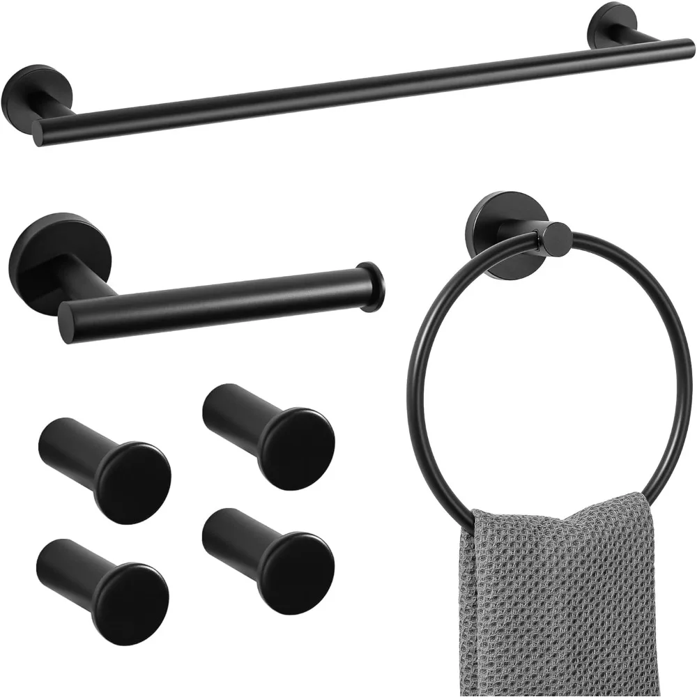 Black 7-Piece Bathroom Hardware Set Includes 24 Inch Towel Bar Ring Toilet Paper Holder 4 Hooks
Black 7-Piece Bathroom Hardware Set Includes 24 Inch Towel Bar Ring Toilet Paper Holder 4 Hooks