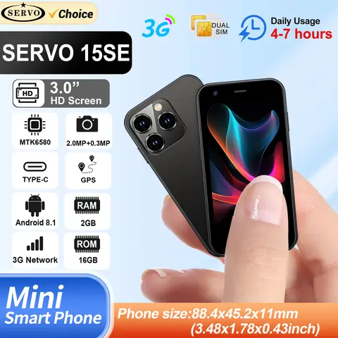 SERVO ミニスマートフォン、3.0インチディスプレイ、2GB+16GB、3G WCDMA、顔認証、WiFi GPS、Playストア、Androidスマートフォン、デュアルSIMスタンバイ