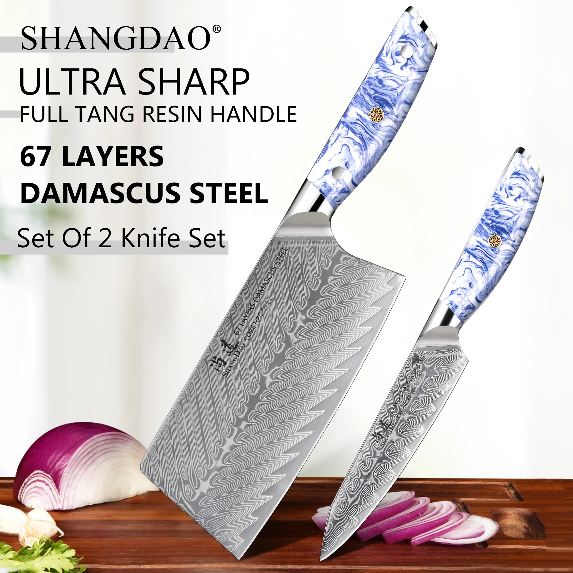 SHANGDAO Professional Kitchen Knife Combo, Hand-Forged Damascus Steel Cleaver Knife and Utility Knife, Comfort Grip Resin Handle
SHANGDAO Professional Kitchen Knife Combo, Hand-Forged Damascus Steel Cleaver Knife and Utility Knife, Comfort Grip Resin Handle