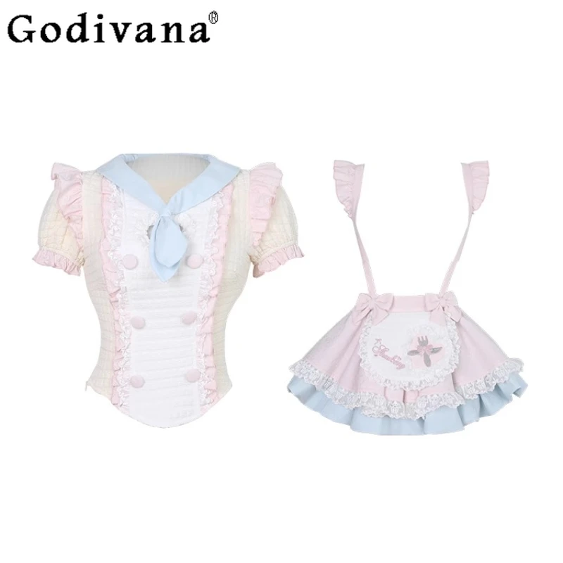 Women's Summer Set Cake Yellow Puff Sleeve Top Pink Blue Flower Bud Strap Dress Outfits Female Lolita Sweet Lace Suits
Women's Summer Set Cake Yellow Puff Sleeve Top Pink Blue Flower Bud Strap Dress Outfits Female Lolita Sweet Lace Suits