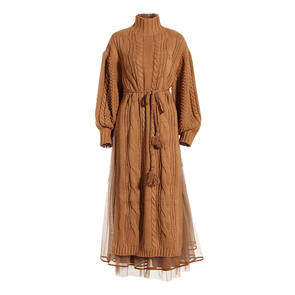 Women's Spring Side Slit Knitted Sweater Dress with Long Standing Collar and Lantern Sleeve Mesh Skirt Two-Piece Set
Women's Spring Side Slit Knitted Sweater Dress with Long Standing Collar and Lantern Sleeve Mesh Skirt Two-Piece Set
