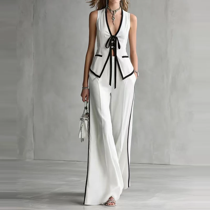 Summer Office Sleeveless Casual Outfit Fashion High Waist Pocket 2026 Suit V-neck Lace Up Vest and Long Pants Women's Two Piece
Summer Office Sleeveless Casual Outfit Fashion High Waist Pocket 2026 Suit V-neck Lace Up Vest and Long Pants Women's Two Piece