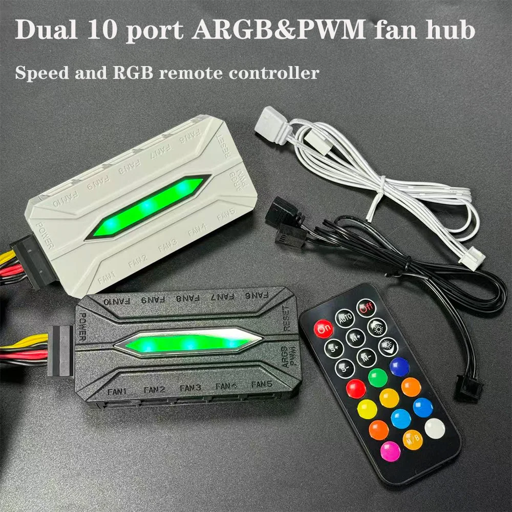 Dual 10-Port ARGB and PWM Fan Hub, 5V Three-Pin Addressable RGB and Four-Pin PWM Fan Speed Controller Splitter
Dual 10-Port ARGB and PWM Fan Hub, 5V Three-Pin Addressable RGB and Four-Pin PWM Fan Speed Controller Splitter