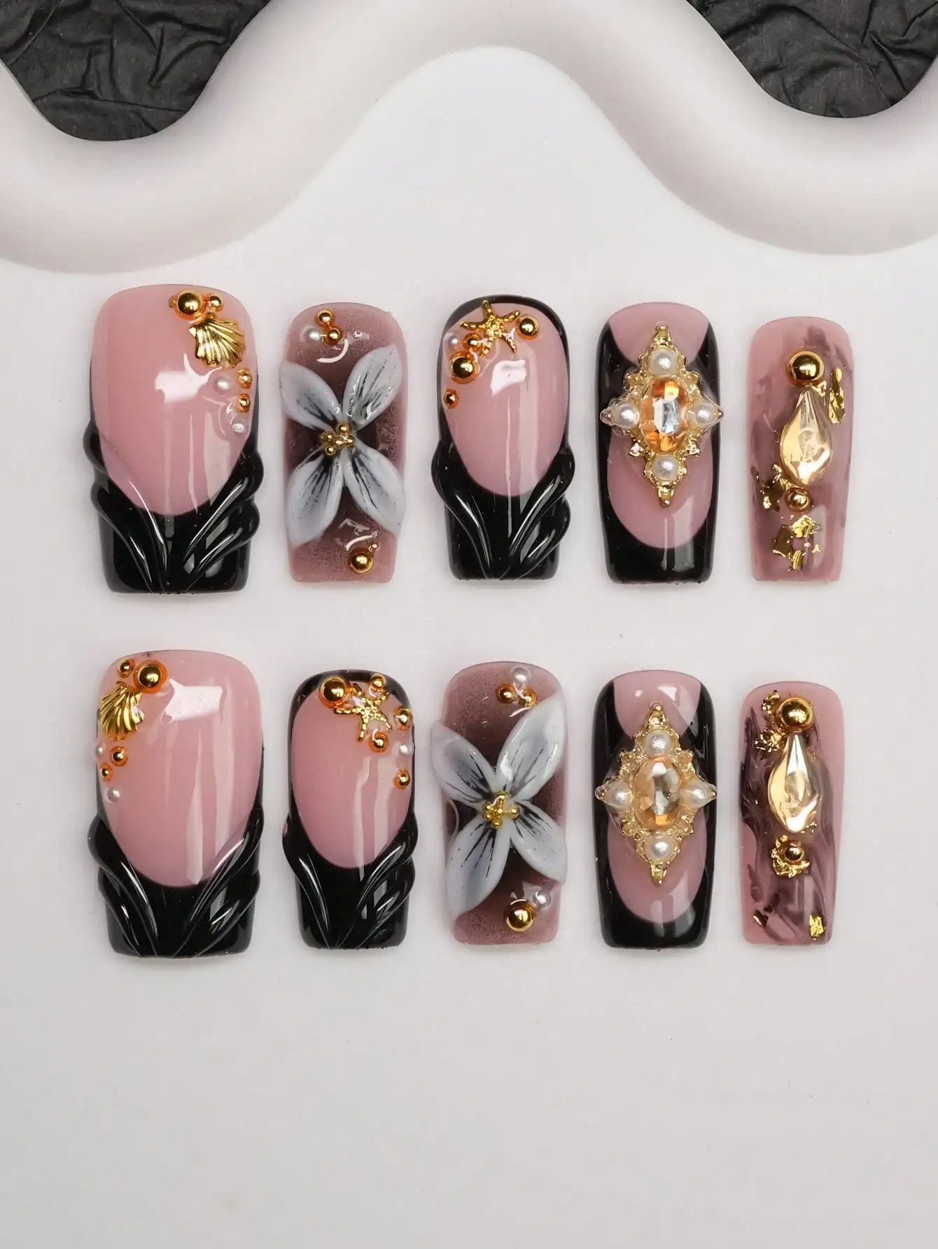 10pcs Square Shaped Handmade Nail Tips, Y2K Baddie Style, Nude & Black Color With French Edge, Carved, Beads, Shells, Rhinestones, Starfish Decor, Handcrafted Nail Art, Suitable For Women And Girls, Glitter Nails For Party, Wedding, Daily Wear, Includes T
10pcs Square Shaped Handmade Nail Tips, Y2K Baddie Style, Nude & Black Color With French Edge, Carved, Beads, Shells, Rhinestones, Starfish Decor, Handcrafted Nail Art, Suitable For Women And Girls, Glitter Nails For Party, Wedding, Daily Wear, Includes T