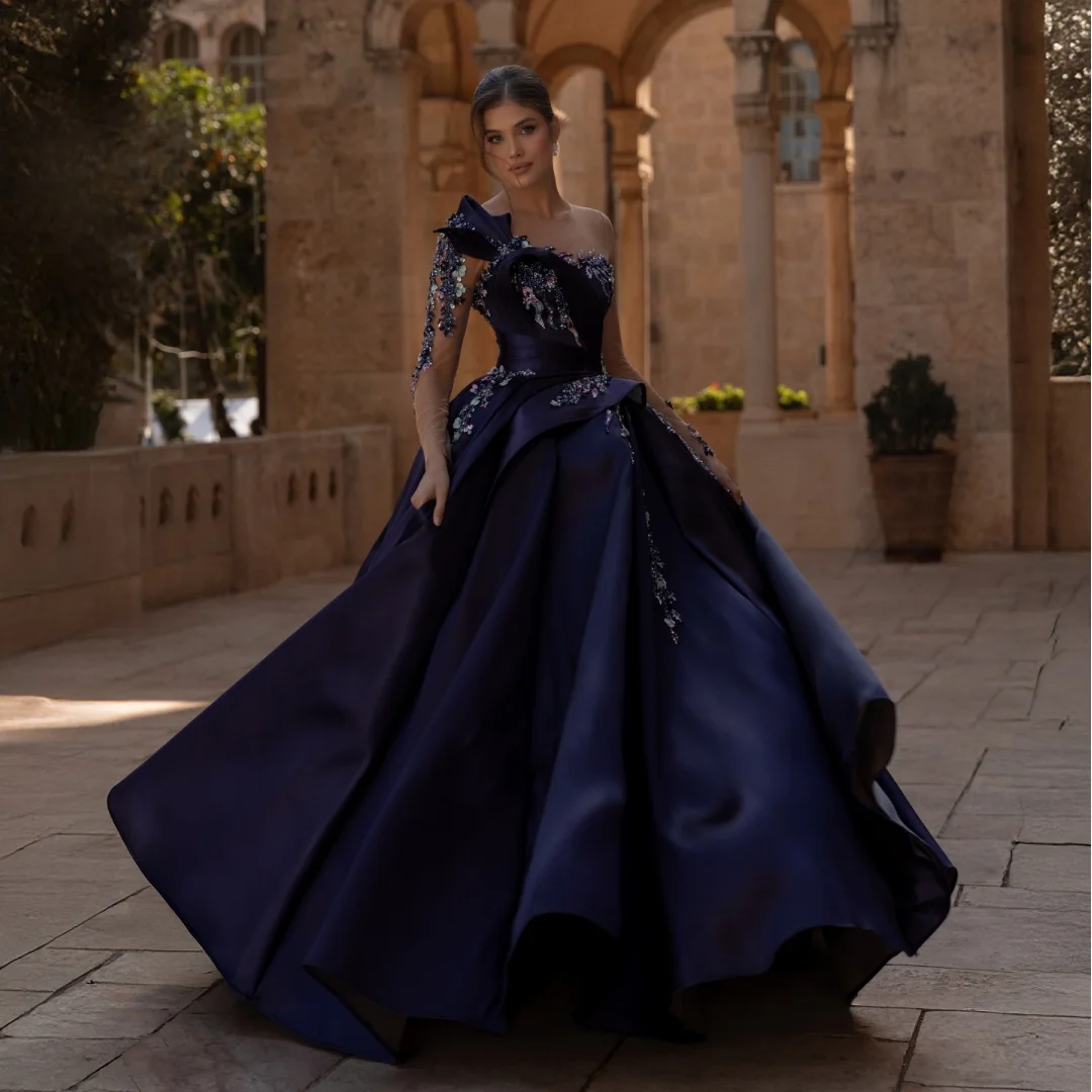 Dark Navy Satin Evening Dresses Lace Sequins Corset Back Prom Dress A Line Beaded Luxury Party Gown Gala Vestidos Customized
Dark Navy Satin Evening Dresses Lace Sequins Corset Back Prom Dress A Line Beaded Luxury Party Gown Gala Vestidos Customized