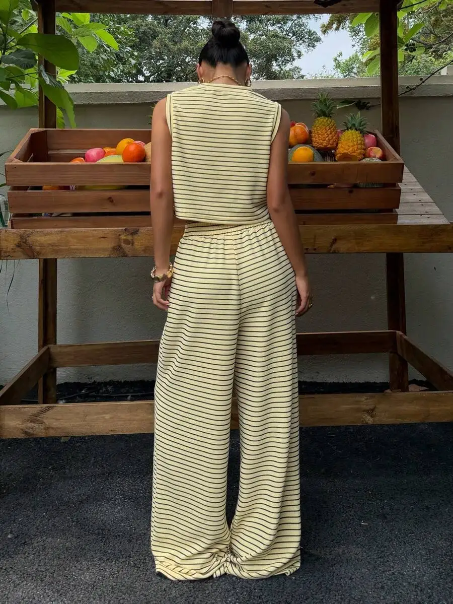 Yellow Striped Sleeveless Vest And Elastic Waist Wide Leg Pants Set Summer Casual Vacation Outfit
Yellow Striped Sleeveless Vest And Elastic Waist Wide Leg Pants Set Summer Casual Vacation Outfit