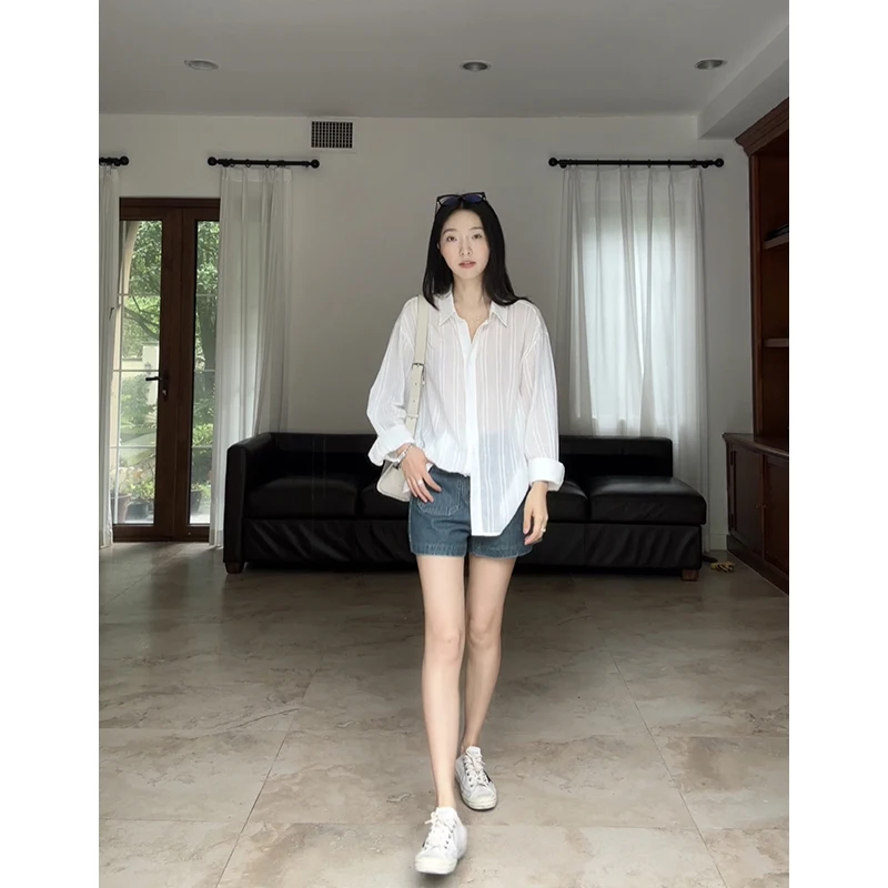 Pure Cotton Lightweight Breathable Striped Loose Women's irt Summer Vintage Versatile Slimming orts Set Commute Sle
Pure Cotton Lightweight Breathable Striped Loose Women's irt Summer Vintage Versatile Slimming orts Set Commute Sle