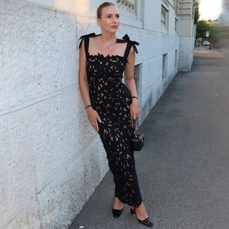 Typhaland Bows Lace Spaghetti Strap Evening Dress Women's Hollow Sexy Long Holiday Dress See Through Sleeveless Elegant Vestido
Typhaland Bows Lace Spaghetti Strap Evening Dress Women's Hollow Sexy Long Holiday Dress See Through Sleeveless Elegant Vestido
