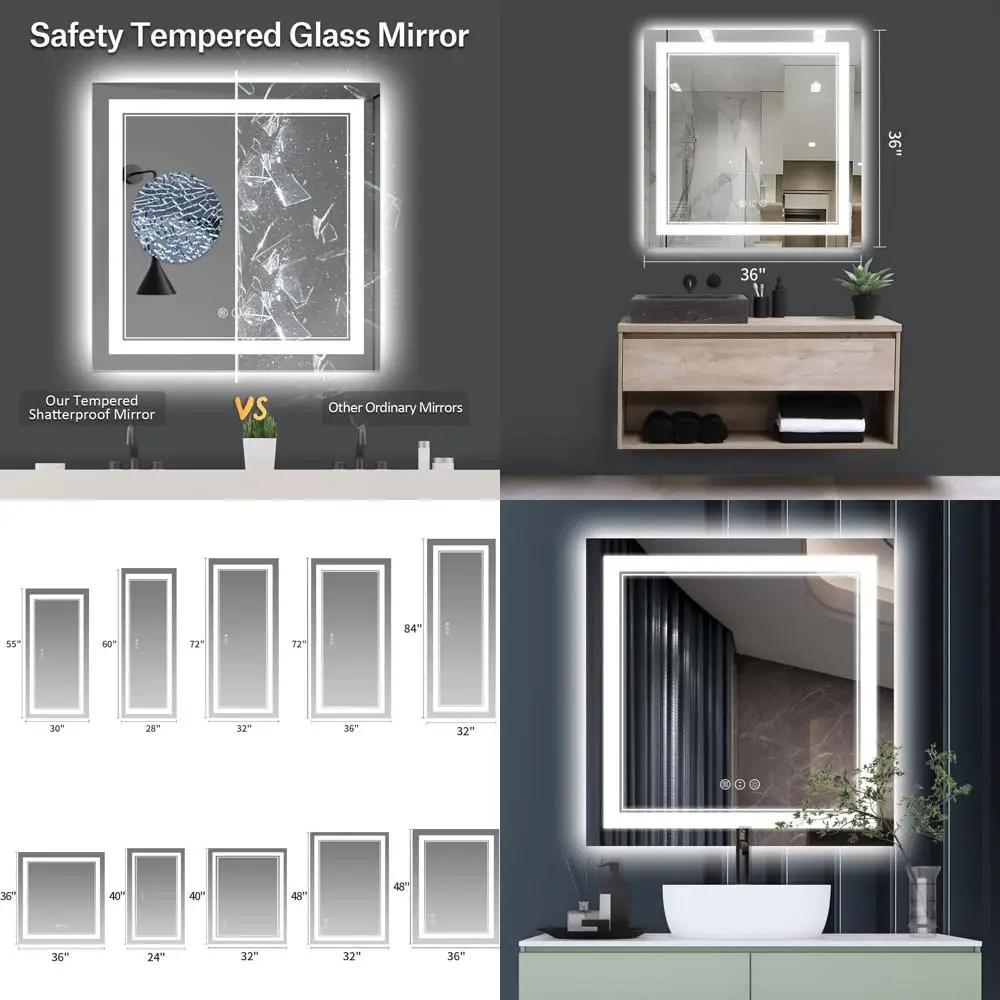 36 x 36 LED Backlit Bathroom Vanity Mirror with Anti-Fog, 3 Color Dimmable, Memory Function, Shatterproof Wall-Mounted LED Mirro
36 x 36 LED Backlit Bathroom Vanity Mirror with Anti-Fog, 3 Color Dimmable, Memory Function, Shatterproof Wall-Mounted LED Mirro