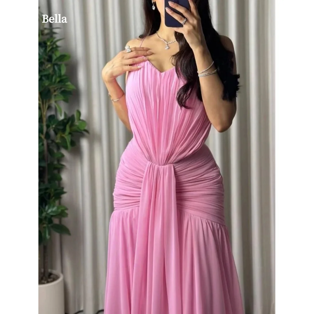 Bella Customized Pink Spaghetti Strap Pleated Prom Dress Draped Waist Chiffon Midi Party Dresses Elegant Evening robes de soirée
Bella Customized Pink Spaghetti Strap Pleated Prom Dress Draped Waist Chiffon Midi Party Dresses Elegant Evening robes de soirée