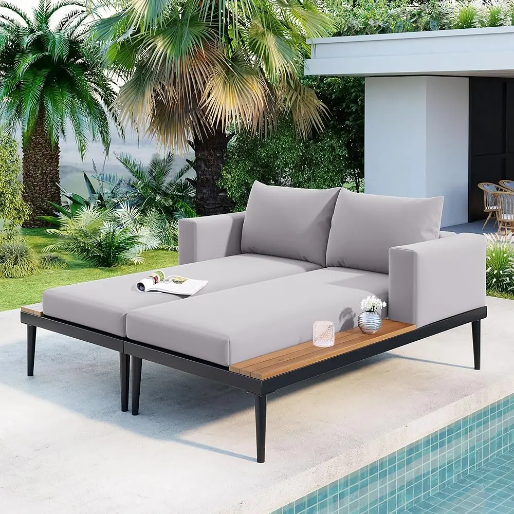 2 In 1 Outdoor Padded Chaise Lounges,Patio Metal Daybed With Wood Topped Side Spaces For Drinks,For Poolside Balcony De
2 In 1 Outdoor Padded Chaise Lounges,Patio Metal Daybed With Wood Topped Side Spaces For Drinks,For Poolside Balcony De