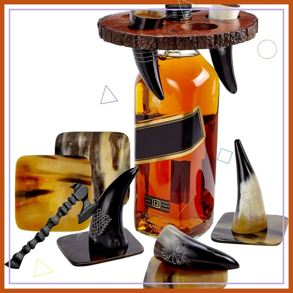 Viking Horn Shot Glasses Set with Axe Opener, Coasters, and Wood Stand for Parties and Events
Viking Horn Shot Glasses Set with Axe Opener, Coasters, and Wood Stand for Parties and Events