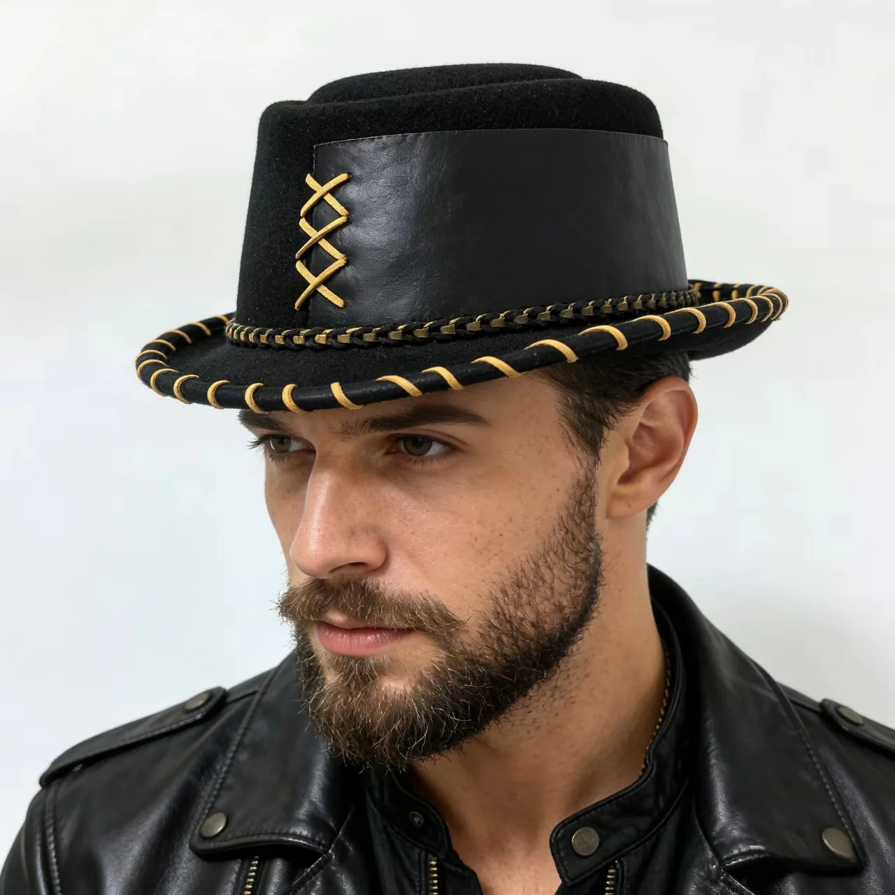 Men Black Pork Pie Hat Handmade Leather Fedora Hat Trilby Fascinator Hat Pop Church Hat Can Adjusted Size
Men Black Pork Pie Hat Handmade Leather Fedora Hat Trilby Fascinator Hat Pop Church Hat Can Adjusted Size