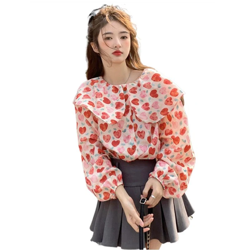 Spring Cotton New Women's Doll Collar Shirts Students Sweet Long Sleeves Red Heart Printed Fashion High Street Cozy Tops Blouses
Spring Cotton New Women's Doll Collar Shirts Students Sweet Long Sleeves Red Heart Printed Fashion High Street Cozy Tops Blouses