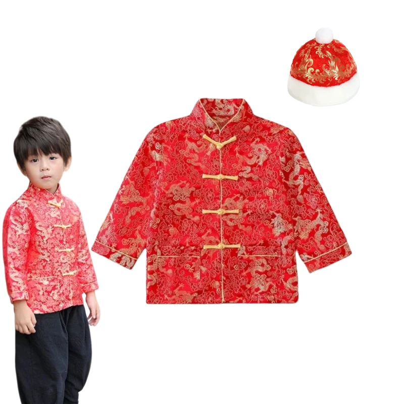 Boys Chinese New Year Dragon Long Sleeve Shirt Chinese Traditional Hanfu Coat Hat Suit Spring Festival Stage Performance Outfit
Boys Chinese New Year Dragon Long Sleeve Shirt Chinese Traditional Hanfu Coat Hat Suit Spring Festival Stage Performance Outfit
