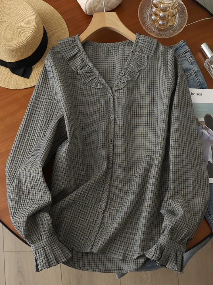 Retro Lace Collar Plaid Long Sve irt Women Spring Anti-Aging Casual Loose Petal Sve Blouse French Sle Cotton Polyester
Retro Lace Collar Plaid Long Sve irt Women Spring Anti-Aging Casual Loose Petal Sve Blouse French Sle Cotton Polyester