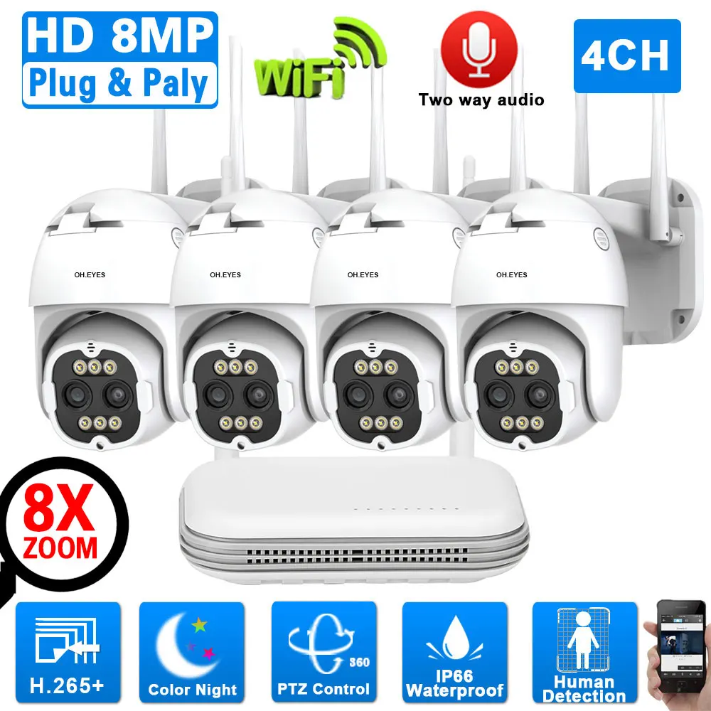 4CH 8MP Dual Lens Wireless PTZ Surveillance Security Camera System 8X Zoom Color Night Vision CCTV System 4 Channel Wifi NVR Kit
4CH 8MP Dual Lens Wireless PTZ Surveillance Security Camera System 8X Zoom Color Night Vision CCTV System 4 Channel Wifi NVR Kit