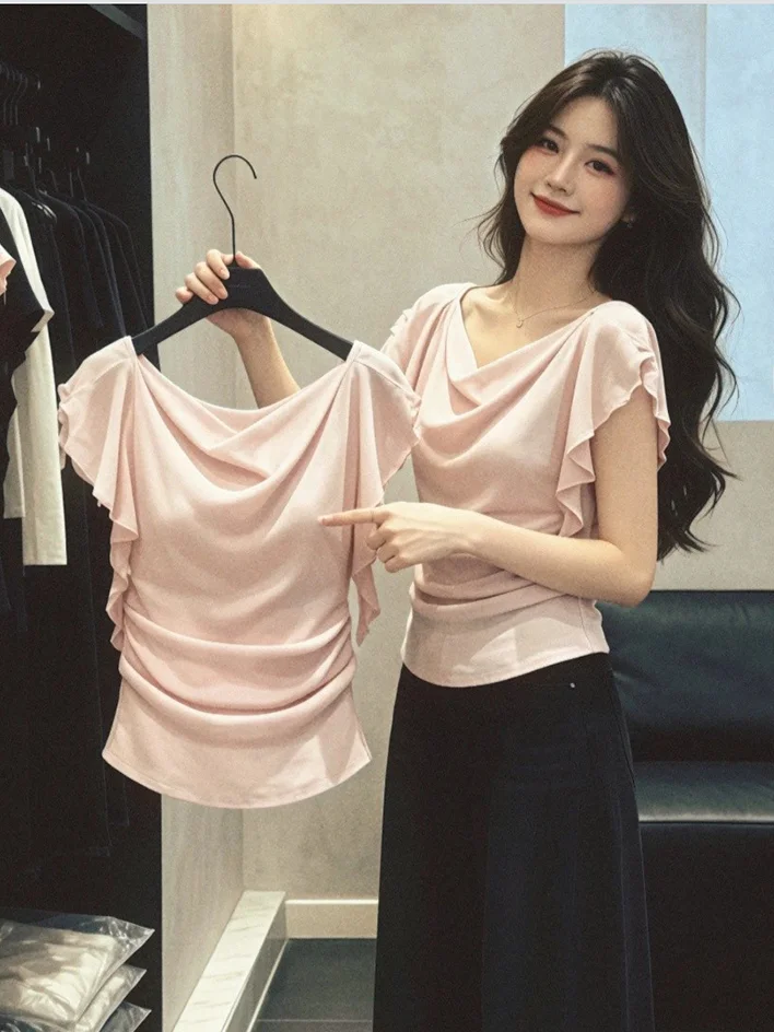 Elegant Pink Off-Shoulder Slim Fit T-Shirt Women's Summer New Style Fashionable Earlet Sleeve Swing Collar Top
Elegant Pink Off-Shoulder Slim Fit T-Shirt Women's Summer New Style Fashionable Earlet Sleeve Swing Collar Top