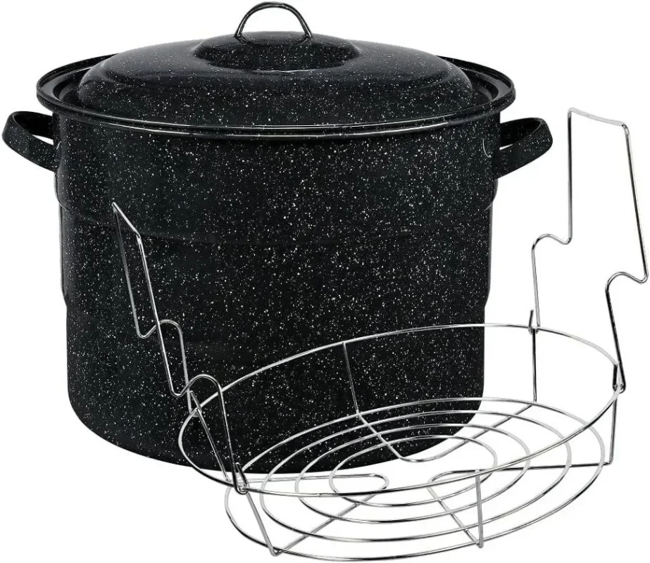 NEW Enamel on Steel 21.5-Quart Water Bath Canner with lid & Jar Rack, Speckled Black,Free shippment
NEW Enamel on Steel 21.5-Quart Water Bath Canner with lid & Jar Rack, Speckled Black,Free shippment