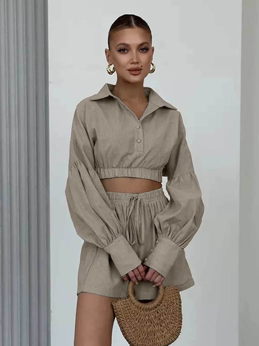 Marthaqiqi Khaki Female Sleepwear Suit Turn-Down Collar Pajamas Long Sleeve Nightgown Sexy Crop Top Nightie Shorts Nightwear Set
Marthaqiqi Khaki Female Sleepwear Suit Turn-Down Collar Pajamas Long Sleeve Nightgown Sexy Crop Top Nightie Shorts Nightwear Set