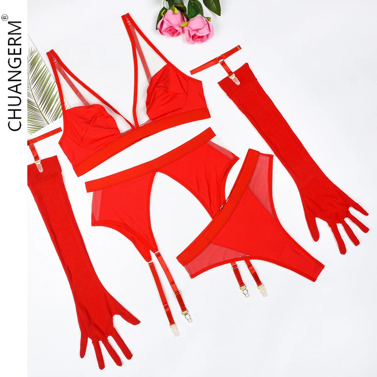 CHUANGERM Red Ligeries Gloves Female Underwear Sexy See-through Mesh Lingerie Set Onlyfan Four Piece Set Women Erotic Intimates
CHUANGERM Red Ligeries Gloves Female Underwear Sexy See-through Mesh Lingerie Set Onlyfan Four Piece Set Women Erotic Intimates