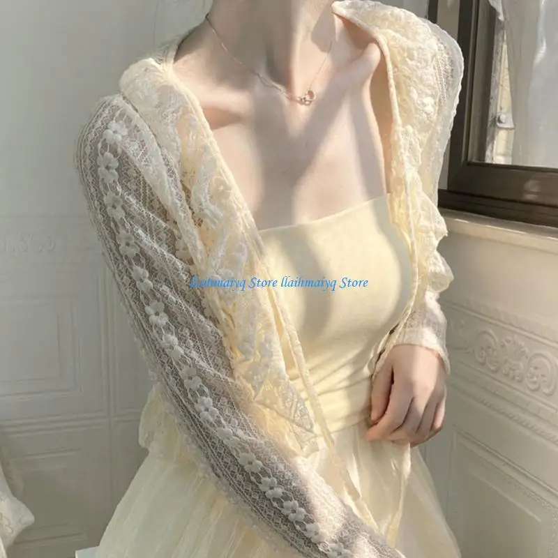 573B Women Summer Long Sleeve Floral Lace Cropped Cardigan V-Neck Tie Front Thin Sunscreen Shrug for Jacket Trim
573B Women Summer Long Sleeve Floral Lace Cropped Cardigan V-Neck Tie Front Thin Sunscreen Shrug for Jacket Trim