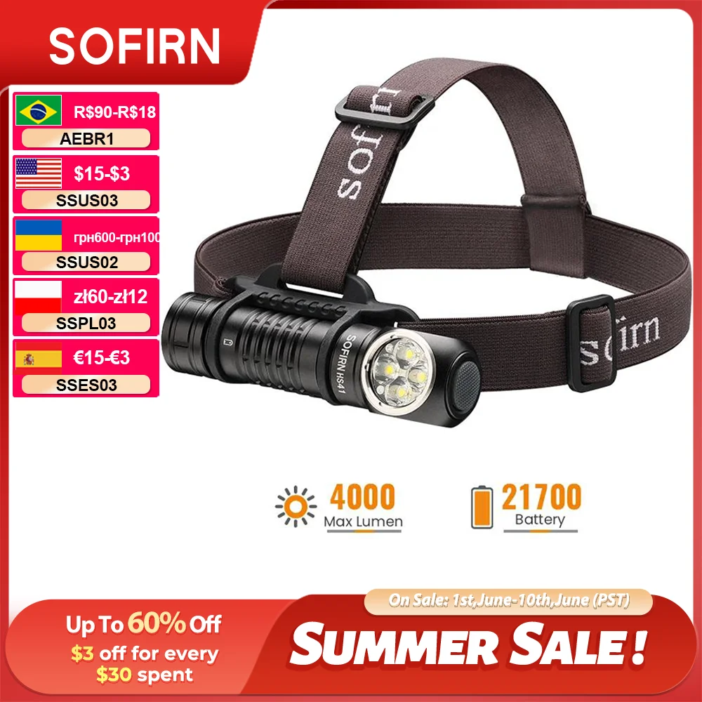 SOFIRN HS41 Headlamp 4000lm Spotlight Floodlight 21700 USB C Rechargeable Flashlight SST20 LED Powerful Torch with Magnet Tail
SOFIRN HS41 Headlamp 4000lm Spotlight Floodlight 21700 USB C Rechargeable Flashlight SST20 LED Powerful Torch with Magnet Tail