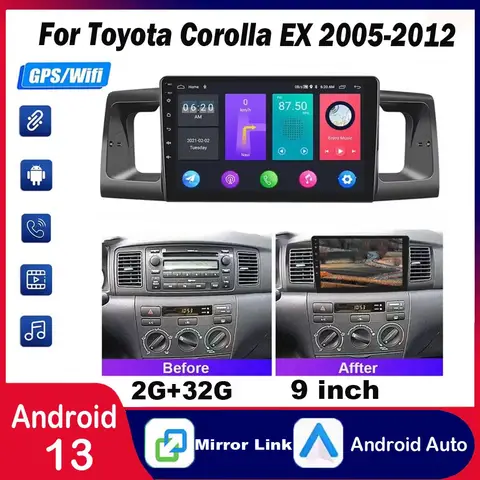 Android 13 Car Stereo Upgrade Radio for Toyota Corolla EX 2005-2012 9'' HD Touch Screen with Wireless For CarPlay & Android Auto