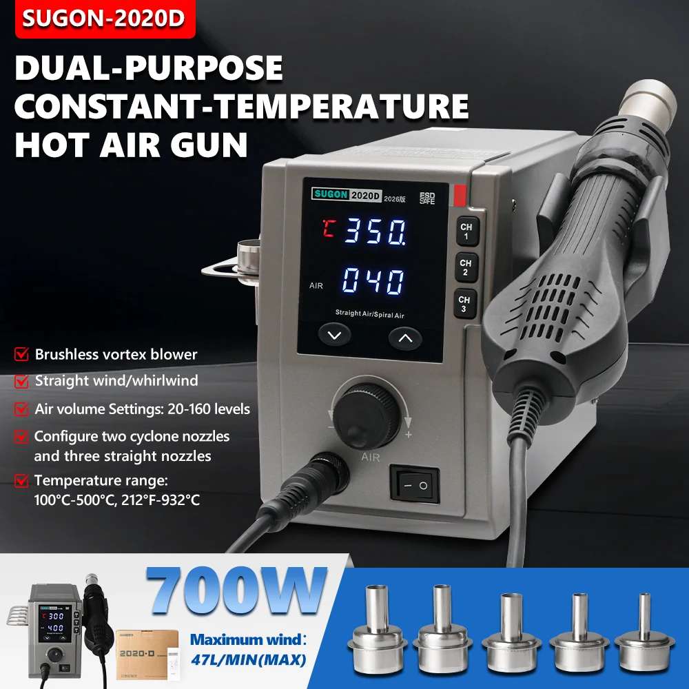 SUGON 2020D v2026 Паяльная станция 700 Вт Спиральный воздушный пистолет с горячим воздухом Сварочный аппарат с большим объемом воздуха PCB SMD BGA Ремонт Инструменты для пайки
SUGON 2020D v2026 Паяльная станция 700 Вт Спиральный воздушный пистолет с горячим воздухом Сварочный аппарат с большим объемом воздуха PCB SMD BGA Ремонт Инструменты для пайки