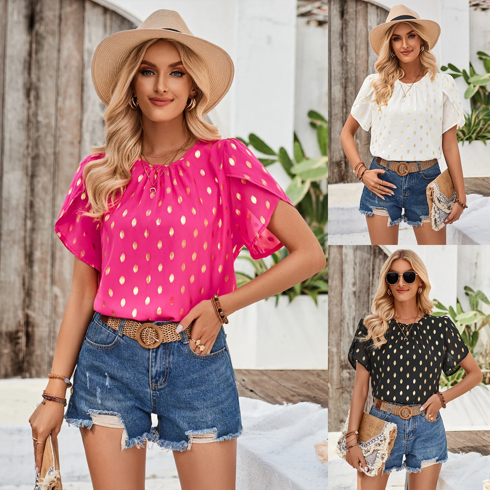 Summer clear new style women's new round neck pinched pleated wave point short sleeve blouse woman
Summer clear new style women's new round neck pinched pleated wave point short sleeve blouse woman