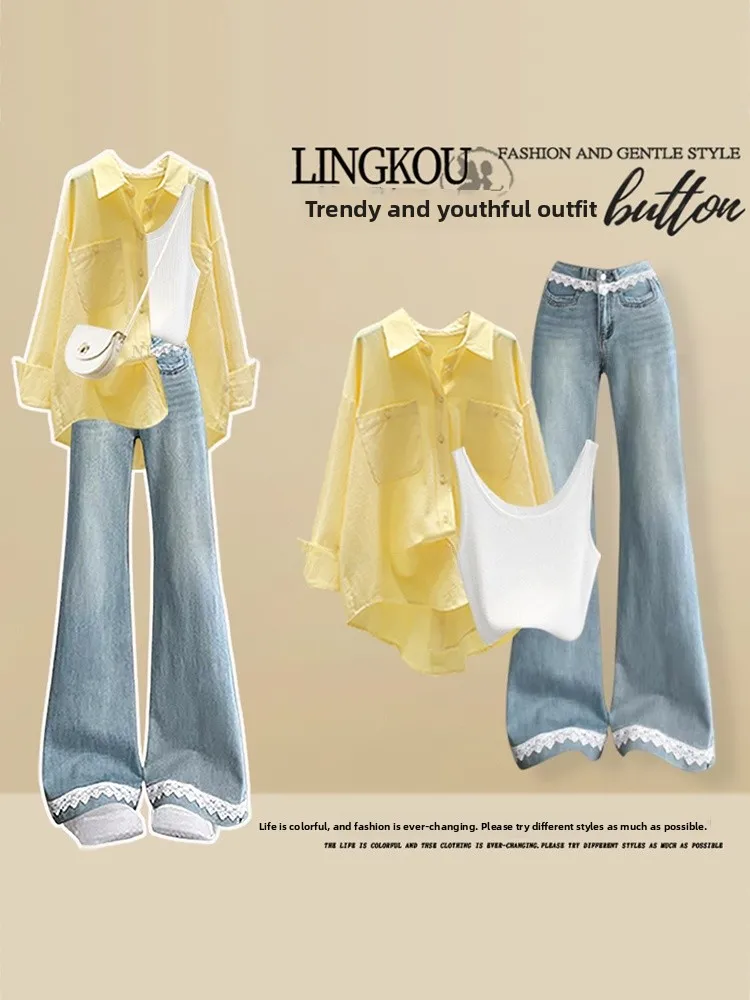 Early Autumn Korean Style Women's Set Large Size Shirt Lace Splicing Bell Bottom Jeans Strap Three Piece Set Casual Fashion
Early Autumn Korean Style Women's Set Large Size Shirt Lace Splicing Bell Bottom Jeans Strap Three Piece Set Casual Fashion