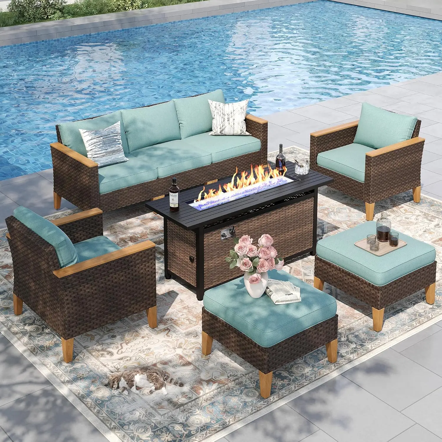 8-местный уличный секционный комплект для отдыха с газовым столом-камином 56 дюймов, уличная мебель из ротанга, на заказ
8-местный уличный секционный комплект для отдыха с газовым столом-камином 56 дюймов, уличная мебель из ротанга, на заказ