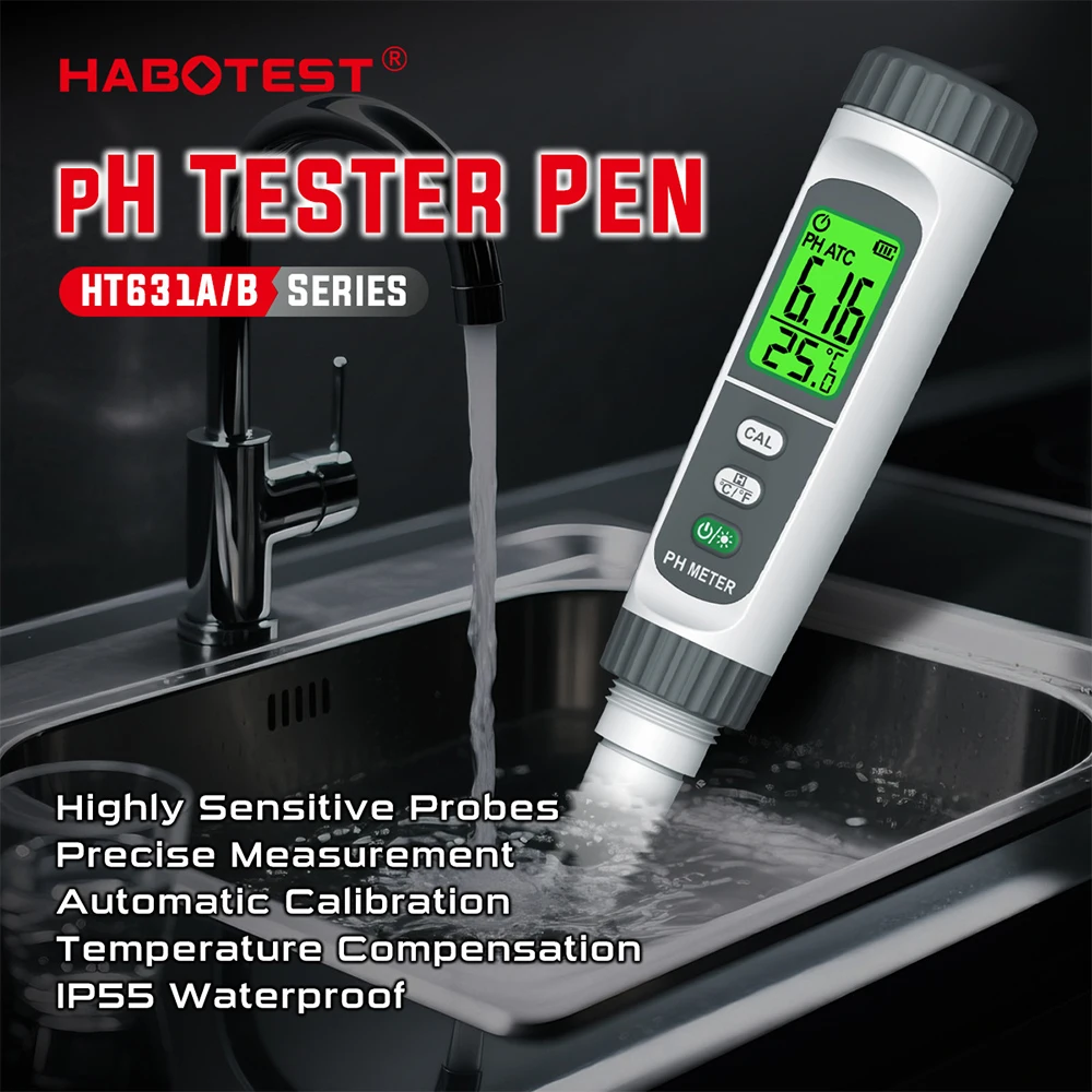 HT631A/B Digital PH Meter Pen 0-14PH ±0.05 Accuracy with ATC & 3-Point Calibration for Water Food Aquarium Lab Testing
HT631A/B Digital PH Meter Pen 0-14PH ±0.05 Accuracy with ATC & 3-Point Calibration for Water Food Aquarium Lab Testing