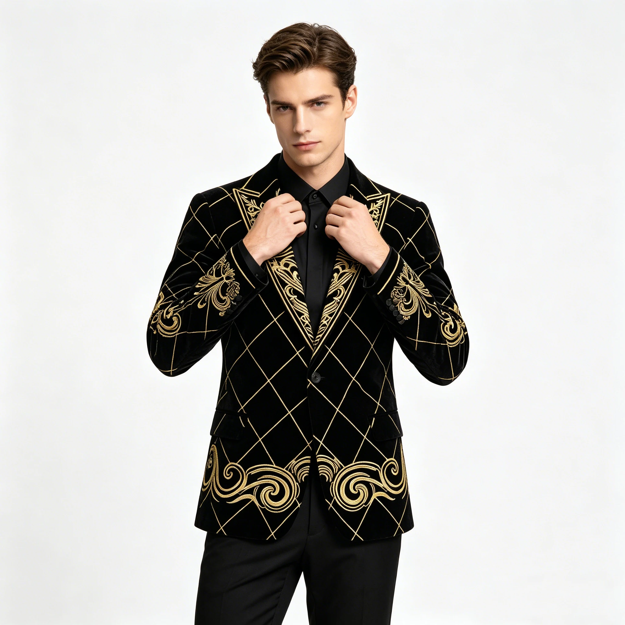 Men's Black Velvet Blazer with Gold Floral Embroidery, Slim Fit Suit Jacket for Wedding, Party, Banquet, Prom
Men's Black Velvet Blazer with Gold Floral Embroidery, Slim Fit Suit Jacket for Wedding, Party, Banquet, Prom