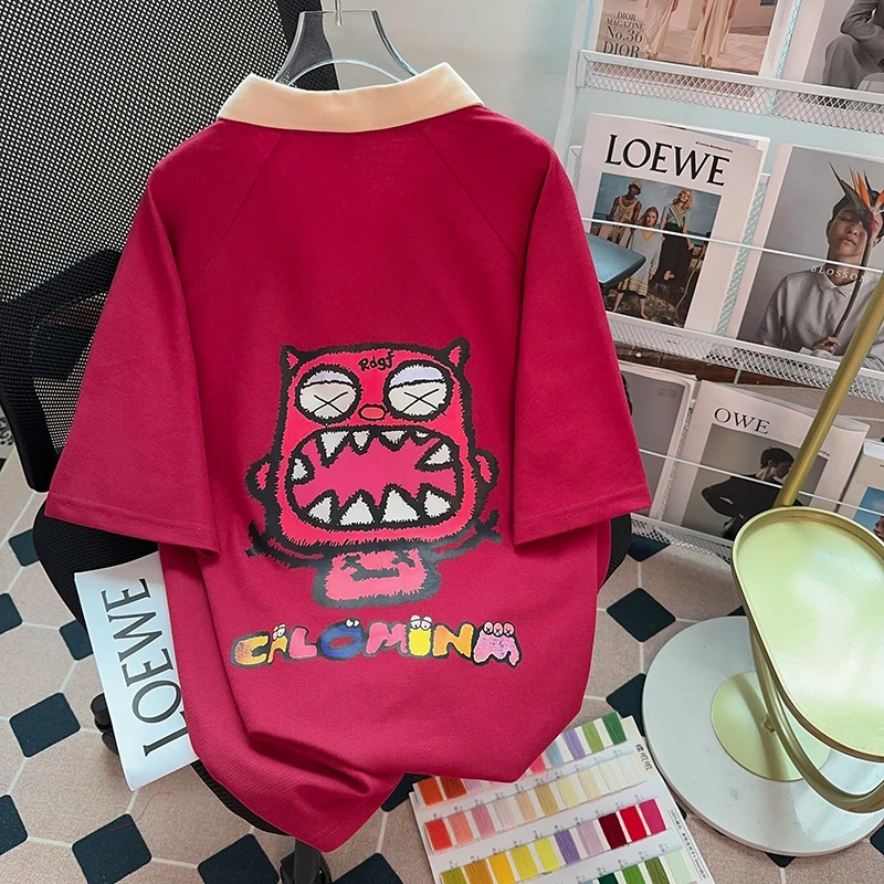 Rose Red Little Monster Print Short Sleeve T-Shirt Women's Summer Loose and Versatile Personality American Retro Polo Neck Top
Rose Red Little Monster Print Short Sleeve T-Shirt Women's Summer Loose and Versatile Personality American Retro Polo Neck Top