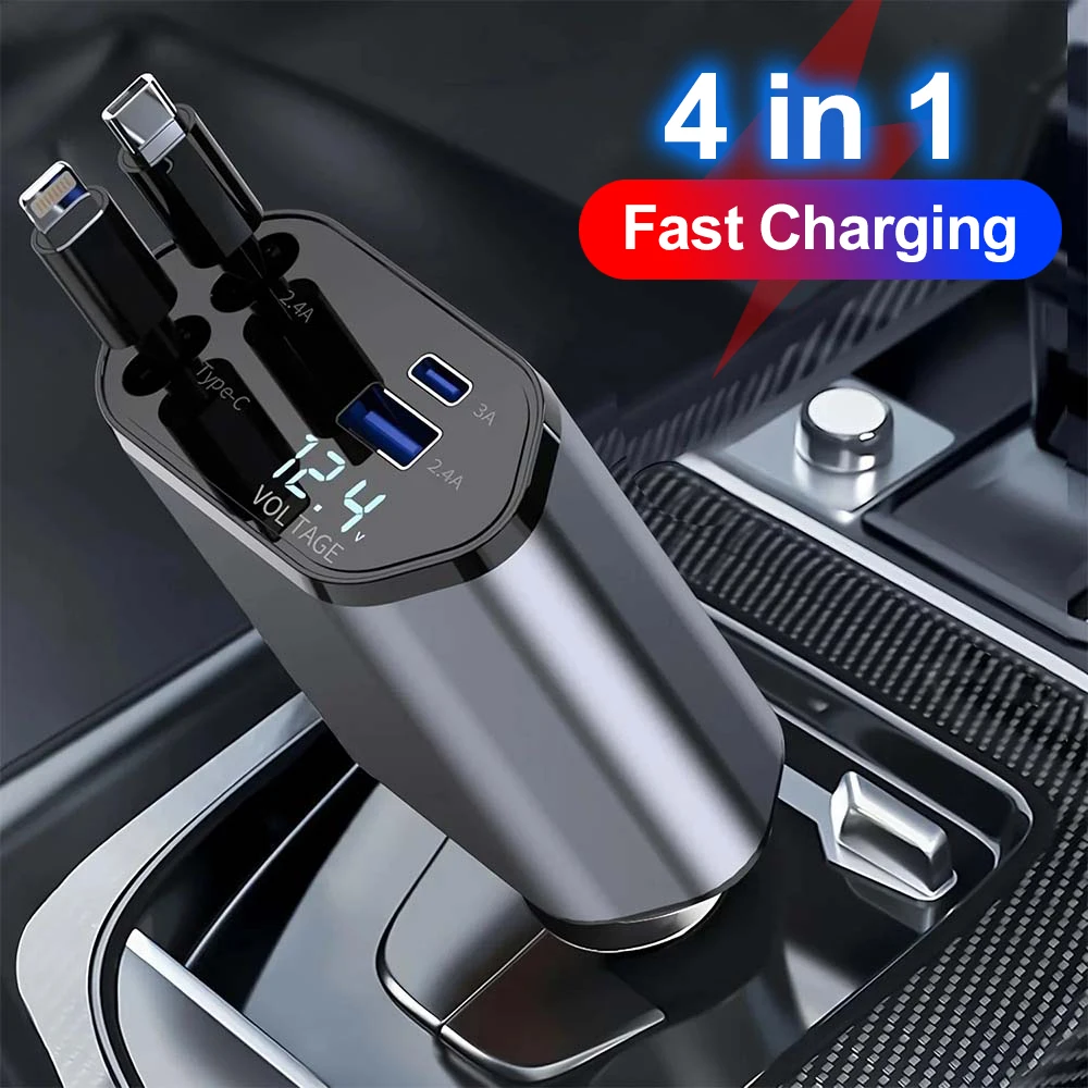 Car Charger Adaptor 4 in 1 Fast Charge USB Type C Fast Charger Cable with Retractable Cords Fit for iPhone 16/15/14/13 Samsung
Car Charger Adaptor 4 in 1 Fast Charge USB Type C Fast Charger Cable with Retractable Cords Fit for iPhone 16/15/14/13 Samsung