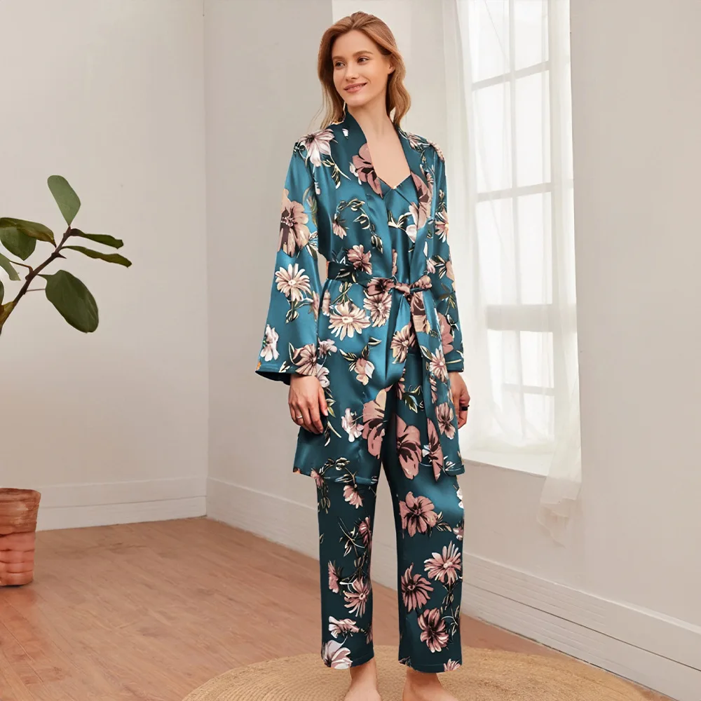 Flower Printing Pajamas Set Female Sleepwear Spring New Women Nightwear Sexy Silky 3PCS Robe+sling+Trouser Suits Home Clothing
Flower Printing Pajamas Set Female Sleepwear Spring New Women Nightwear Sexy Silky 3PCS Robe+sling+Trouser Suits Home Clothing