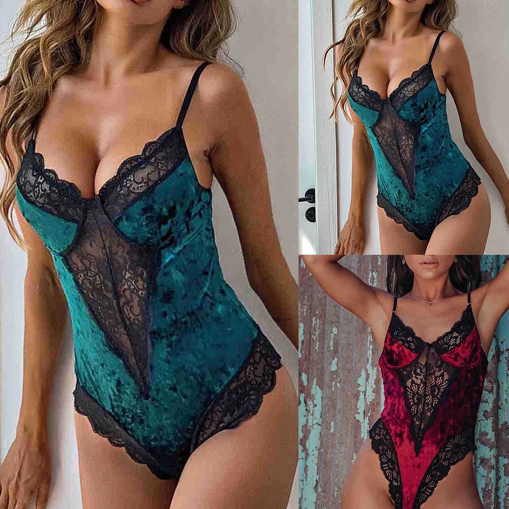 Womens Velvet Lace Bodysuit Deep V Neck Slim Fit Teddy Nightwear for Women with Black Lace Trim Wine Red Green
Womens Velvet Lace Bodysuit Deep V Neck Slim Fit Teddy Nightwear for Women with Black Lace Trim Wine Red Green