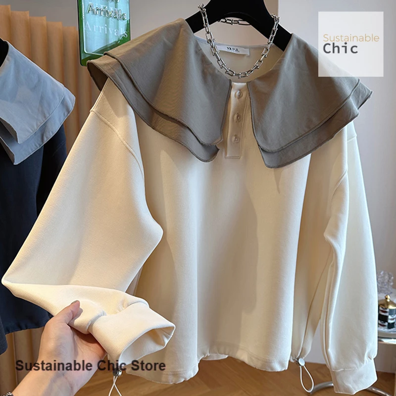 French style fashion design sense hem drawstring loose top women's spring and autumn double-layer doll collar leisure sweater
French style fashion design sense hem drawstring loose top women's spring and autumn double-layer doll collar leisure sweater